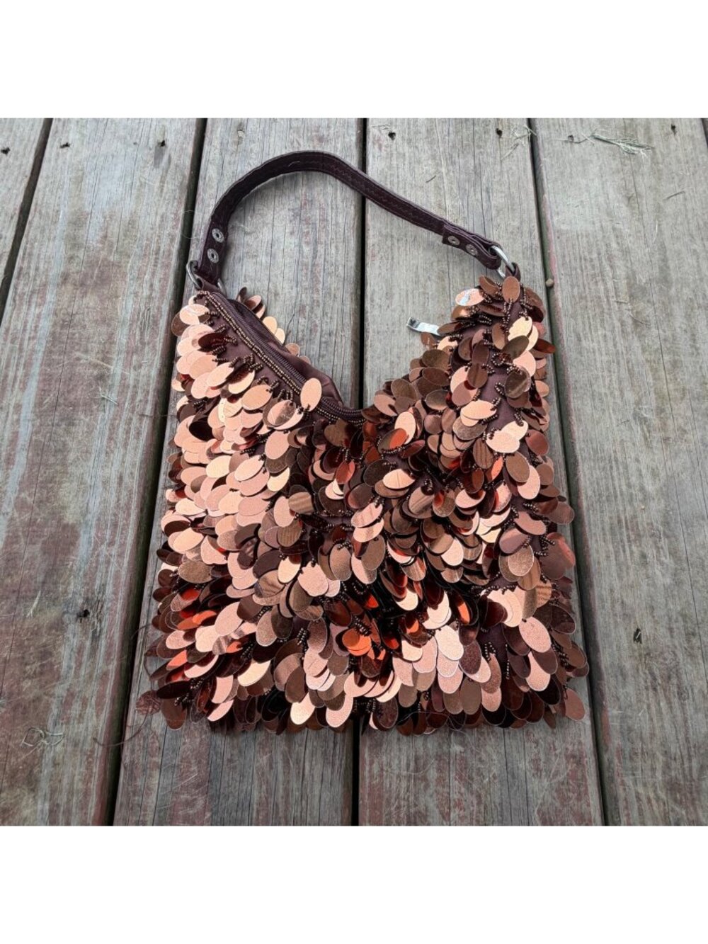 Metallic Sequin Shoulder Bag With Brown Strap And Zipper Closure